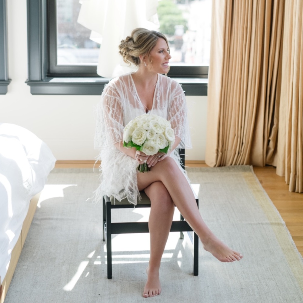 Gorgeous feather and rhinestone ivory bridal robe✨
